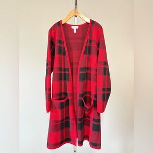 Denim & Co. jacquard plaid cardigan with front slit. Apple Red